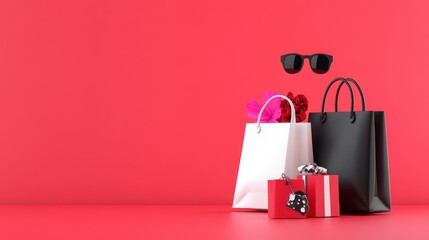 Stylish shopping bags with gifts and sunglasses on a vibrant backdrop.