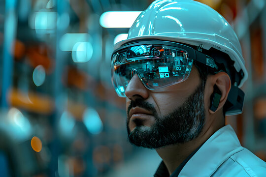 Industrial Worker Wearing Smart Glasses and Helmet Views Futuristic Overlay in Factory Setting