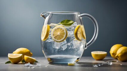 Refreshing Lemonade With Ice and Lemon Slices in a Clear Pitcher on a Gray Background