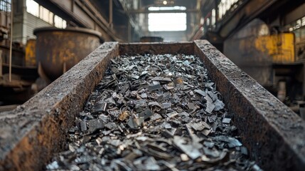 Naklejka premium A close-up shot of a conveyor filled with metallic scrap in an industrial setting, showcasing textures and lighting effects.