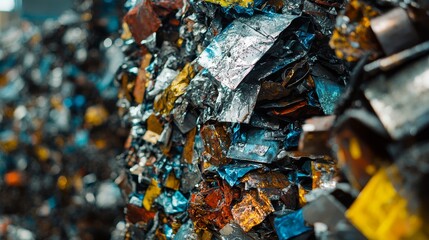 A close-up of colorful, compressed metal scraps, showcasing layers of shiny and rusted materials, highlighting recycling and industrial processes.