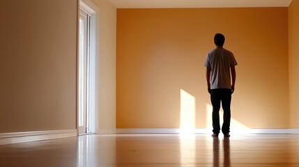 A solitary figure stands in an empty room, illuminating a wall with warm light, evoking feelings of introspection and possibility.