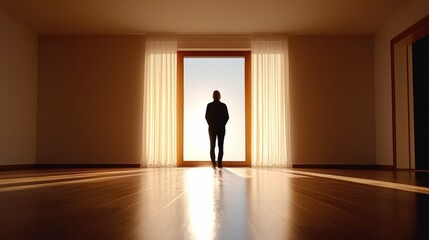 A silhouette of a person stands in a sunlit doorway, creating a serene and contemplative atmosphere in an empty room.