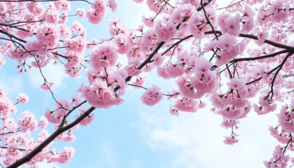 Obraz premium Beautiful Spring Cherry Blossom Tree Branches with Pink Flowers Against a Clear Blue Sky in Full Bloom, Bringing a Fresh and Cheerful Atmosphere to Nature
