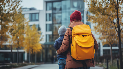 A parent adjusting her child's jacket while they walk together toward a modern school campus 