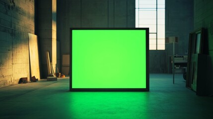 A green screen set up in a dimly lit industrial space, featuring a large rectangular frame with vibrant green color.