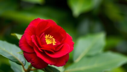 Stunning Red Flower Blooms Amidst Lush Green Leaves, Capturing Nature&rsquo;s Beauty in a Vibrant Image of Fresh Blossoms in a Garden Setting