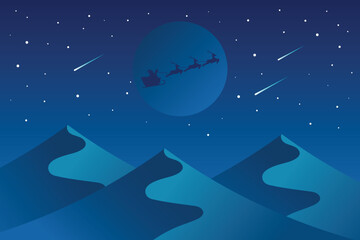 Santa Claus and his reindeer sleigh in silhouette against moon with mountains landscape