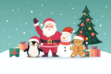 Santa claus with snowman gingerbreadman and penguin