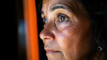 A thoughtful woman gazes out, reflecting emotions and stories etched in her expressive features.