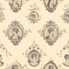 Vintage Neoclassical cameo pattern on vintage beige fabric background, seamless repeating pattern, textile print style, minimal, Neoclassical design, seamless cameo pattern, home decor, textiles