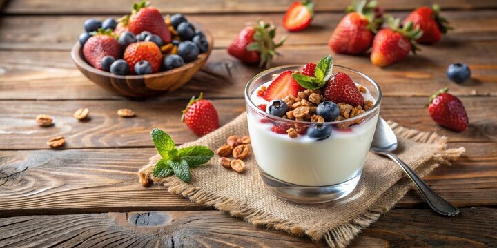 Danone Skyr dairy product on a rustic wooden table with fresh fruit and granola , healthy, delicious, breakfast, snack