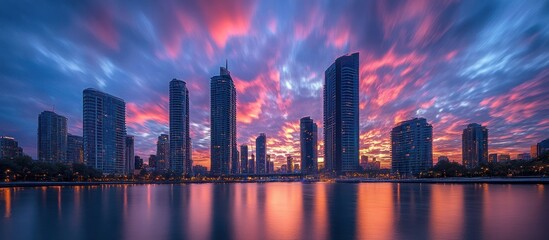 Fototapeta premium City skyline with dramatic sunset over the lake.