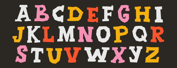 Paper cut out alphabet collection. Colorful capital serif letter collage set. Craft doodle kid font elements bundle for decoration, poster, banner, print. Ransom style uppercase abc pack. Vector 