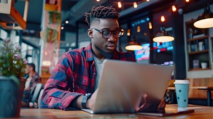 Man with coffee looking at data on laptop and smart phone screens