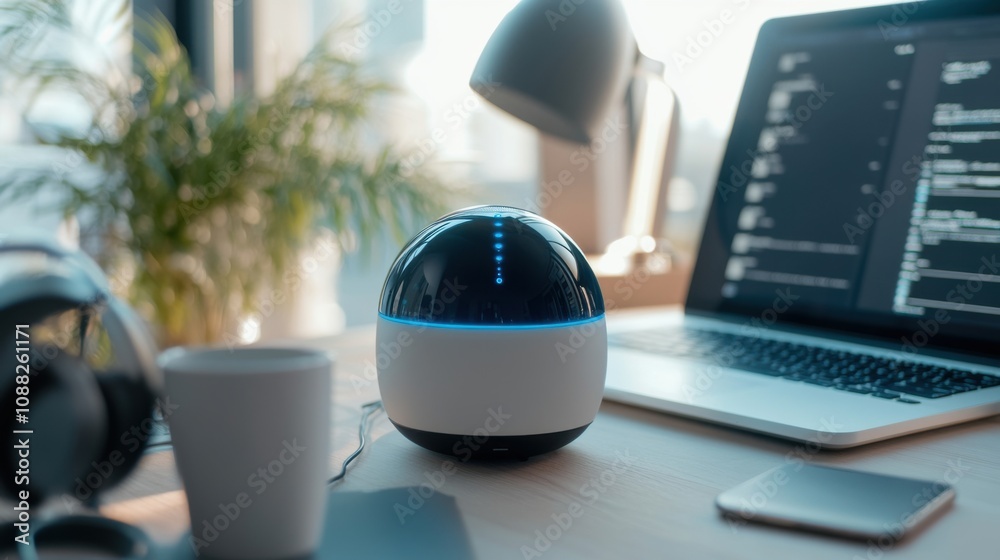 Aufkleber A sophisticated AI-driven real-time language translation device, modern communication setup with advanced translation tools and multilingual interfaces, Communication style
