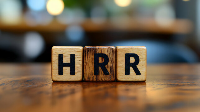 Three Wooden Blocks Spelled HRR on a Wooden Table with a Blurred Background