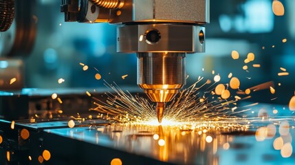A close-up of a cutting tool in action, producing sparks as it processes metal, highlighting precision and technology in a manufacturing environment.