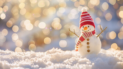 Obraz premium Festive snowman in a snowy field at sunrise with a cheerful red scarf and hat