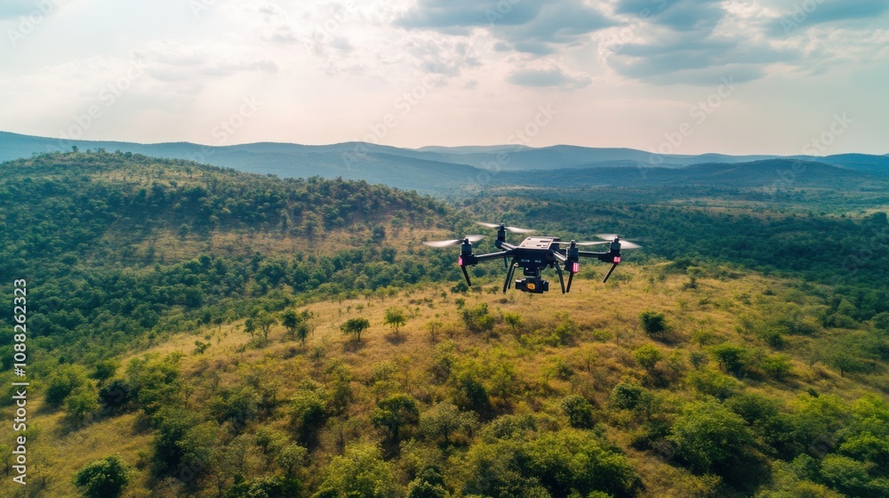 Poster a sophisticated ai-powered autonomous drone for precision aerial surveying, clean landscape with dro