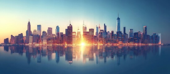 Obraz premium Cityscape with skyscrapers reflecting on the water at sunrise.