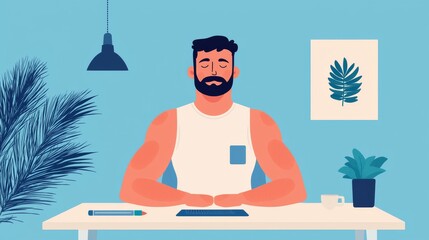Obraz premium A relaxed man sits at a desk adorned with plants, surrounded by a calming blue background, embodying tranquility and focus in a modern workspace.