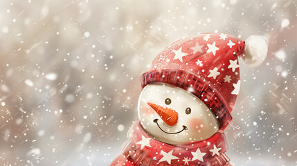 Cheerful snowman in red hat and scarf during snowfall on a festive winter day