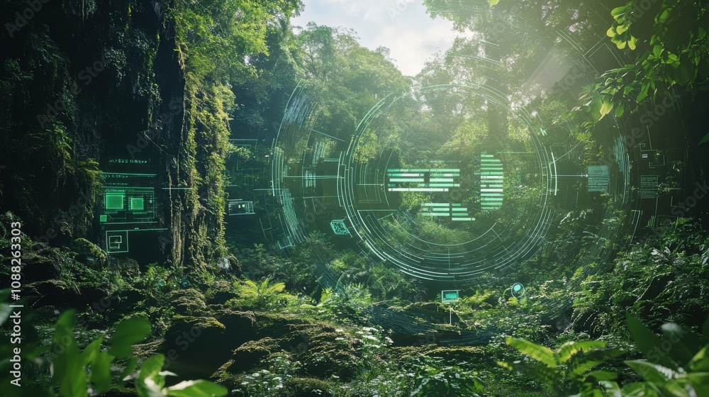 Poster A sophisticated AI-powered real-time environmental monitoring system, modern natural setting with sensors and data collection tools for tracking environmental changes, Environmental style