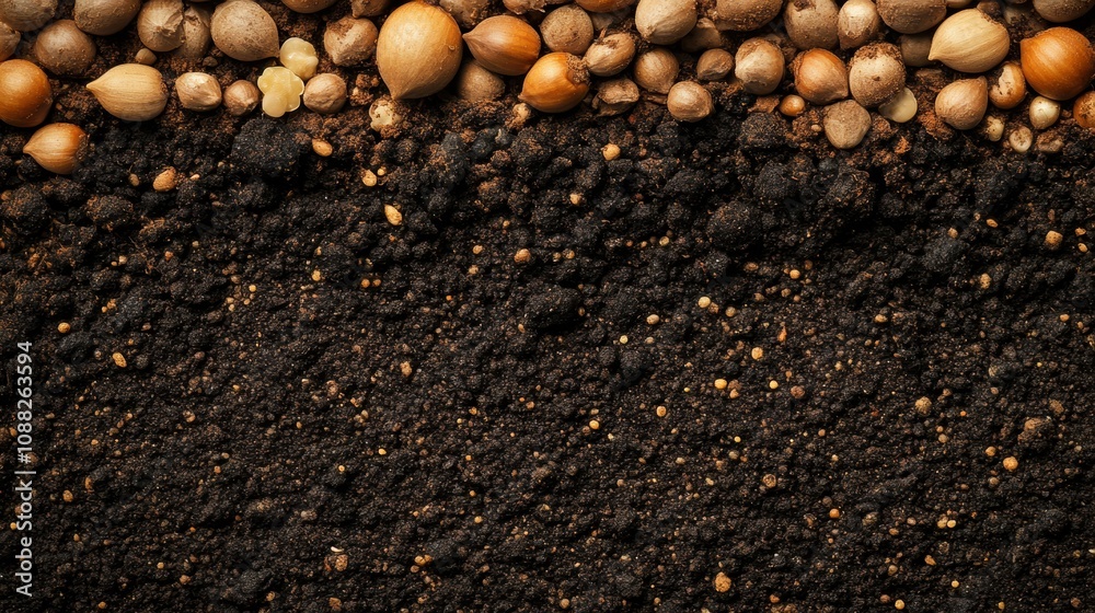 Poster Fresh sprouts are seen pushing through dark soil, surrounded by an assortment of seeds, creating a vibrant and lively view of nature. Generative AI