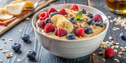 Overnight oatmeal topped with sliced banana, mixed berries, coconut chips and a dollop of peanut butter , healthy, breakfast