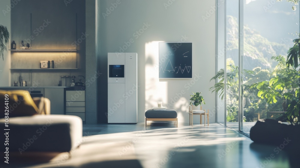 Poster a sophisticated ai-powered smart energy storage system for homes, modern residential setting with in
