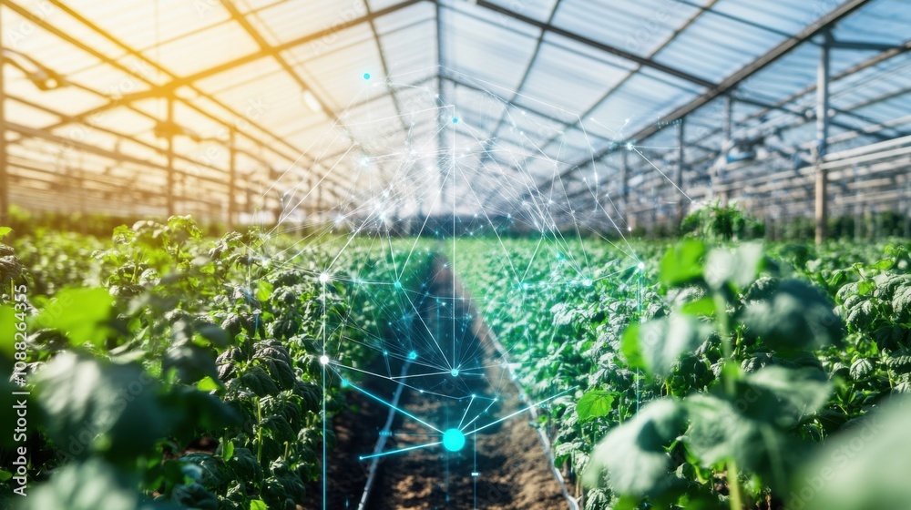 Poster A sophisticated AI-powered smart farming system for greenhouse management, modern greenhouse environment with integrated sensors for optimizing plant growth and resource usage