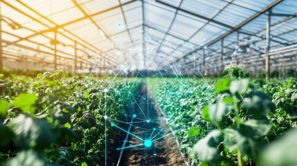 A sophisticated AI-powered smart farming system for greenhouse management, modern greenhouse environment with integrated sensors for optimizing plant growth and resource usage