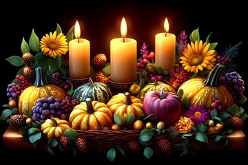 Autumn Harvest Display with Three Lit Candles, Surrounded by Pumpkins, Grapes, and Fall Flowers