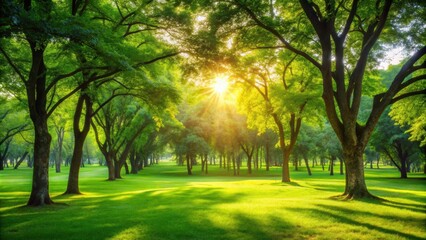 Blur green park with sunlight streaming through trees, creating a peaceful and abstract background , nature, park, green