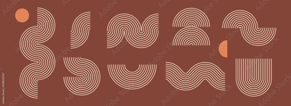Poster Boho linear element collection. Terracotta wave and arc forms design. Mid century curves and arches set. Bohemian decorative ornamental shape bundle for badge, icon, poster, banner, template. Vector