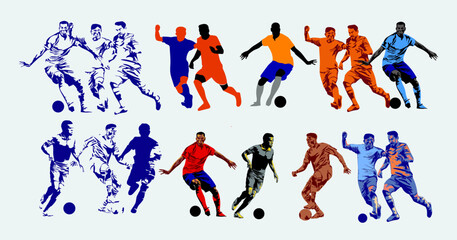 Football, soccer player silhouettes vector illustration element. Sport, ball, game shadow athlete collection.