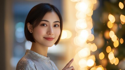Obraz premium Half body shot of a Chinese woman with a short bob haircut, wearing a silver blouse, pointing to the right, standing near an office reception desk decorated with holiday lights, copy space 