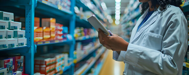 Pharmacist uses tablet to manage inventory in pharmacy aisle, checking stock levels and updating records efficiently.