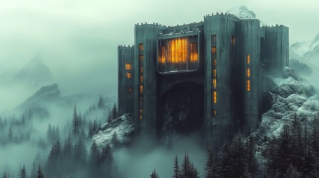 Illustration of a castle in brutalism style located on a mountain in a winter landscape.