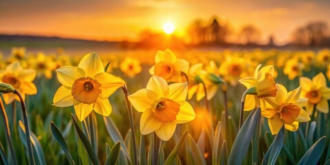 Golden daffodils glowing in the warm light of sunset , flowers, nature, golden, daffodils, sunset, warm, glow, spring, bloom