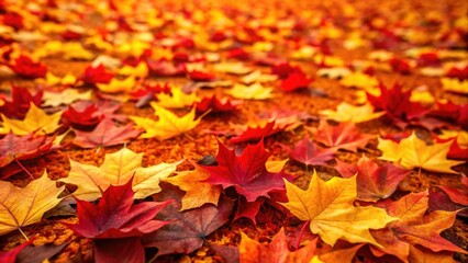 Rich blend of red and yellow artificial leaves carpeting the ground in a serene outdoor location, capturing the essence of fall