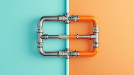 Industrial pipes connecting two colored backgrounds.