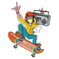 Skateboarder. Street skater. Man jumping on skateboard. Urban graffiti character. Skater with a retro radio. Skateboarding. Boom box tape recorder © vectorinochka