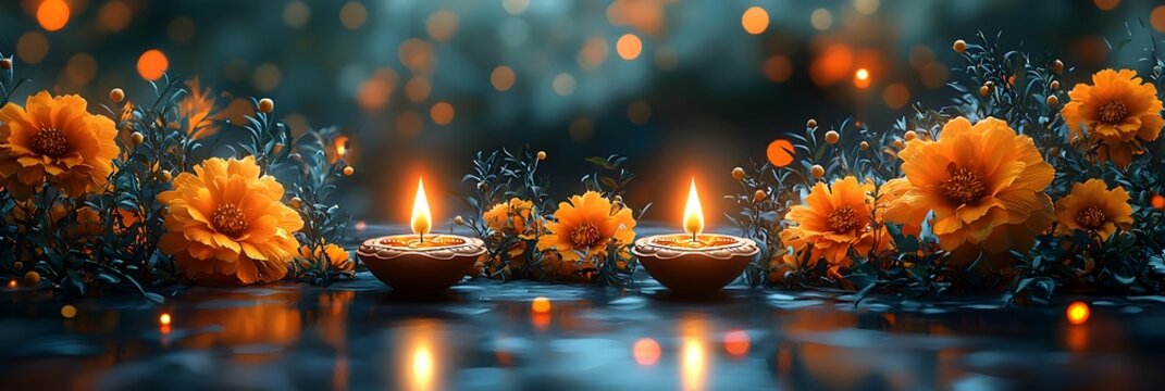 Decorative Diwali banner with vibrant marigold flowers and illuminated diya oil lamp isolated on a dark background
