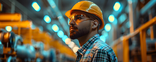 A Male Industrial Worker Contemplatively Surveys a Factory Setting, Wearing Protective Gear, in an Image with a Bokeh Background.