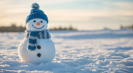 Obraz premium christmas card, snowman, winter, snow, smiling, happy, sunny, snowy winter landscape, copy space for text