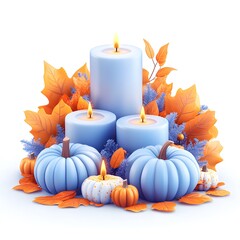 Three Pastel Blue Candles Surrounded by Miniature Pumpkins and Vibrant Fall Foliage