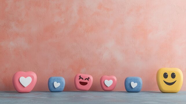 SEO optimization and algorithm concept.  Colorful emoji-themed heart-shaped stones arranged on a pastel background, representing various emotions like love and happiness.