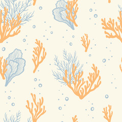 Underwater seamless pattern with repeated coral polyps, algae and seaweed. Aquatic colorful sketch ornament. Hand drawn marine flora and ocean wildlife print for textile, paper design, backgrounds.